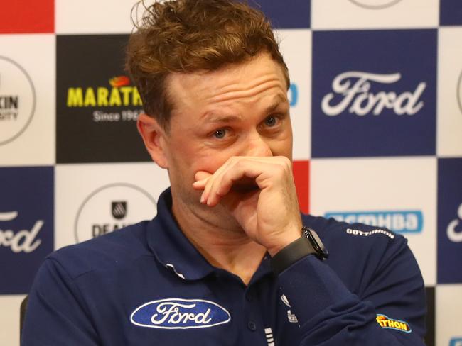 Mitch Duncan becomes emotional while speaking to the media ahead of his 300th game. Picture: Alison Wynd
