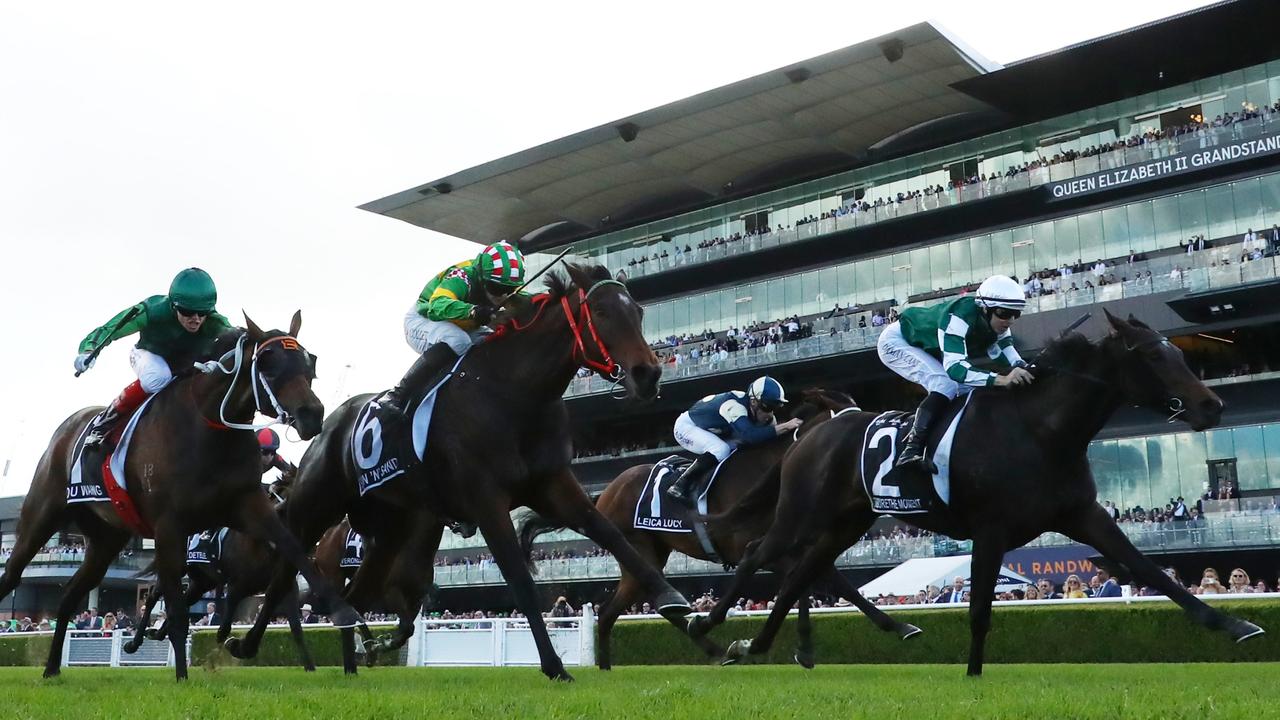 You Wahng (left) finishes third to Treasurethe Moment in the Group 1 Australian Oaks at her latest run. Picture: Jeremy Ng/Getty Images
