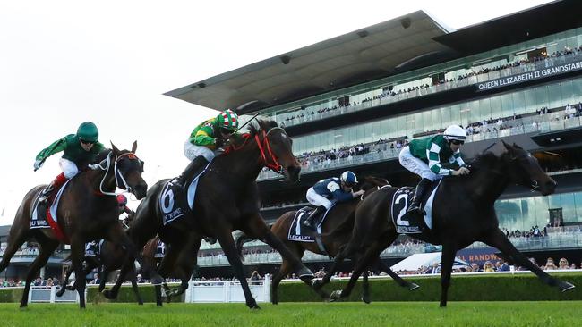 You Wahng (left) finishes third to Treasurethe Moment in the Group 1 Australian Oaks at her latest run. Picture: Jeremy Ng/Getty Images