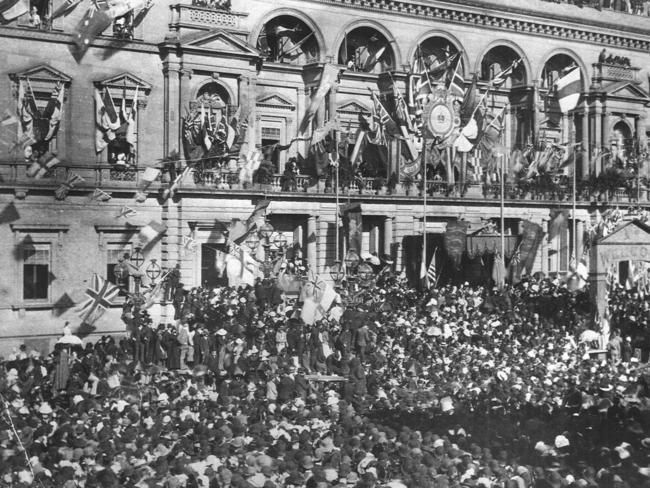 A scene outside the Treasury Buildings the day the first federal Parliament opened in Melbourne in 1901. Picture: Supplied