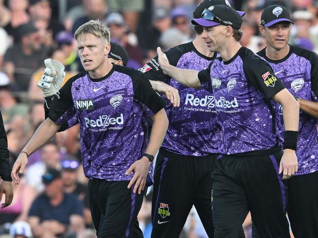 Nathan Ellis after taking a wicket in the BBL Final. (Photo by Steve Bell/Getty Images)