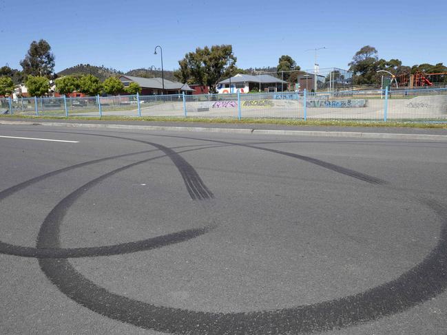 Burn out marks in a Clarendon Vale street.