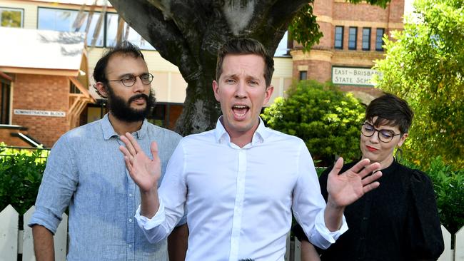 Jonathan Sriranganathan, Councillor for the Gabba, Max Chandler-Mather Greens MP for Griffith and Amy MacMahon, MP for South Brisbane at East Brisbane State school. Picture: NCA NewsWire / John Gass