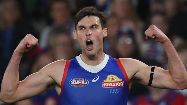 MELBOURNE, AUSTRALIA - AUGUST 18: Sam Darcy of the Bulldogs celebrates kicking a goal during the round 23 AFL match between Western Bulldogs and North Melbourne Kangaroos at Marvel Stadium, on August 18, 2024, in Melbourne, Australia. (Photo by Daniel Pockett/Getty Images)