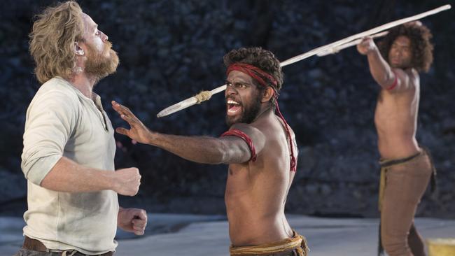 Actors Nathaniel Dean, Shaka Cook, Marcus Corowa rehearse a scene from The Secret River.