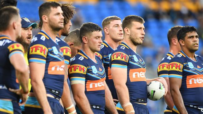 Titans players look on following a Bulldogs try during their Round 10 loss at CBUS Super Stadium. Picture: AAP