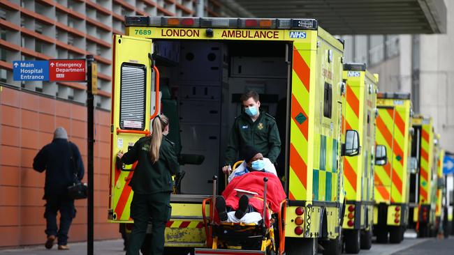 Ambulances line up at The Royal London Hospital in London. Picture: Getty Images.