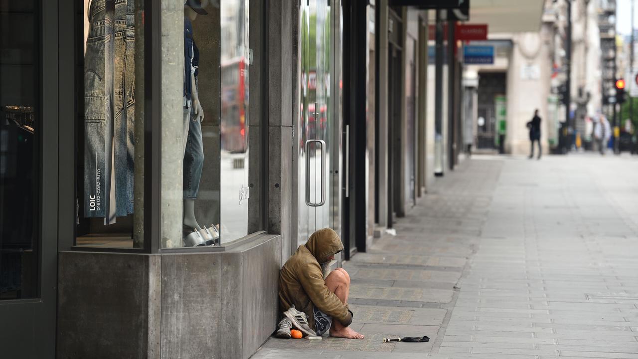 A homeless person is seen on Oxford Street in central London on May 3, 2020, during the nationwide lockdown due to the novel coronavirus COVID-19 pandemic. Picture: Glyn Kirk/AFP