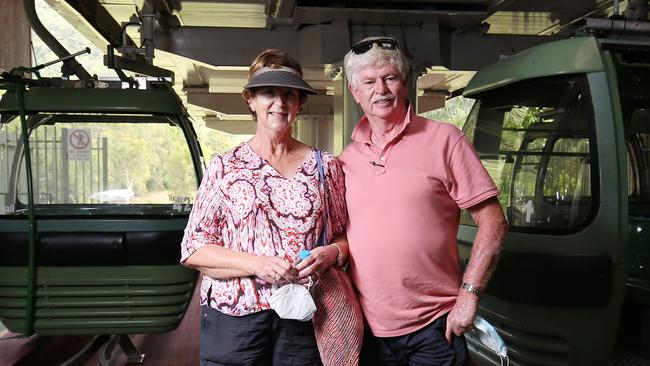 The Skyrail Rainforest Cableway at Kuranda, Cairns is a popular tourist attraction. It’s envisaged the Gold Coast cableway would be similar. Pictured are Gold Coast tourists Pam Mitchell and Jeff Briggs. Picture: Brendan Radke