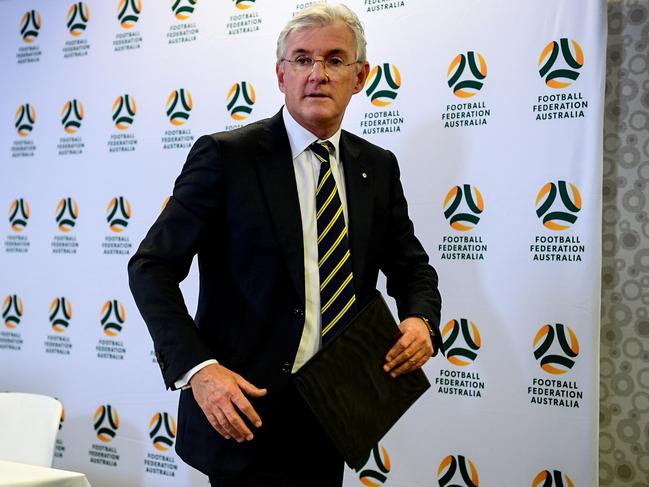 FFA Chairman Steven Lowy is seen during a press conference in Sydney, Tuesday, October 2, 2018. Steven Lowy?s tenure as Football Federation Australia (FFA) chairman will end next month with the acceptance of constitutional changes at Tuesday?s general meeting in Sydney. (AAP Image/Brendan Esposito) NO ARCHIVING