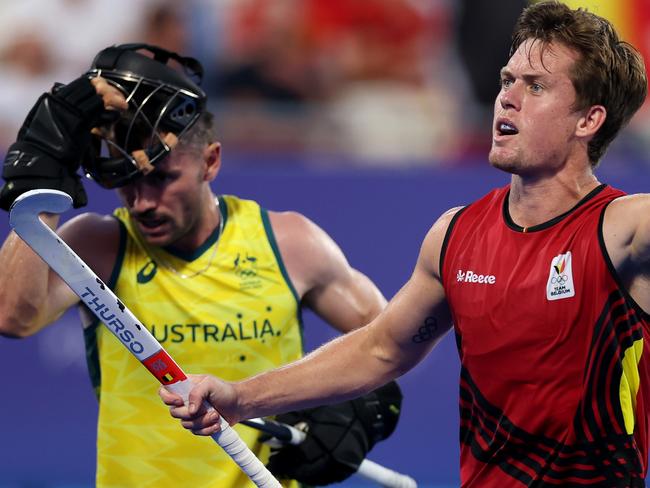 PARIS, FRANCE - JULY 30: Tom Boon of Team Belgium celebrates scoring his team's sixth goal, his hat-trick, during the Men's Pool B match between Australia and Belgium on day four of the Olympic Games Paris 2024 at Stade Yves Du Manoir on July 30, 2024 in Paris, France. (Photo by Michael Reaves/Getty Images)