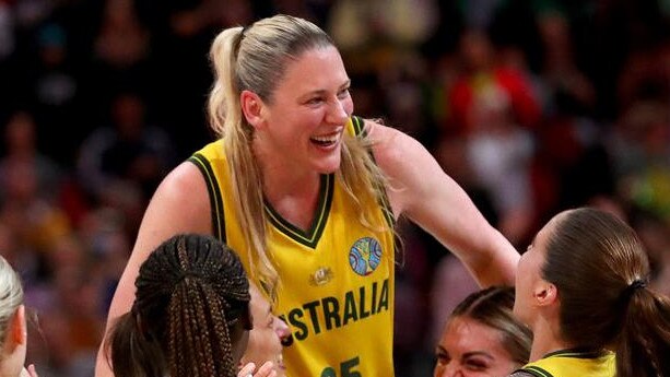 SYDNEY, AUSTRALIA - OCTOBER 01: Lauren Jackson of Australia celebrates with team mates after playing her final Opals game during the 2022 FIBA Women's Basketball World Cup 3rd place match between Canada and Australia at Sydney Superdome, on October 01, 2022, in Sydney, Australia. (Photo by Kelly Defina/Getty Images)