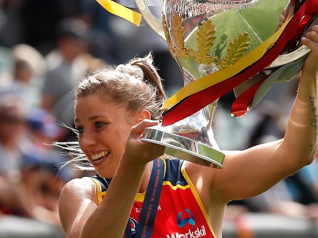 ADELAIDE, AUSTRALIA - MARCH 31: Deni Varnhagen of the Crows celebrates during the 2019 AFLW Grand Final match between the Adelaide Crows and the Carlton Blues at Adelaide Oval on March 31, 2019 in Melbourne, Australia. (Photo by Michael Willson/AFL Photos)