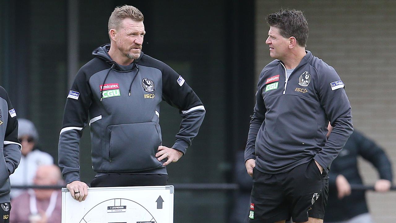 Nathan Buckley and Harvey at Collingwood training. Picture: Michael Klein