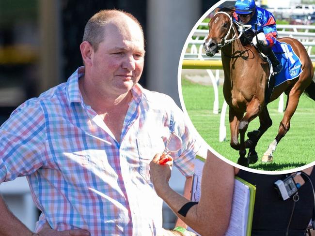 Rockhampton trainer Clinton Taylor and his star filly Chinny Boom (inset).