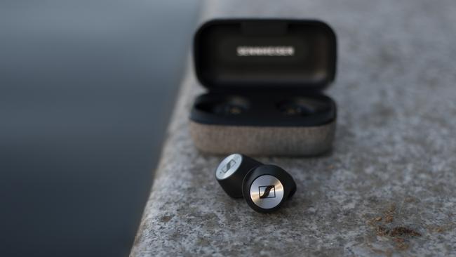 The Sennheiser wireless earbuds come with a compact charging case.