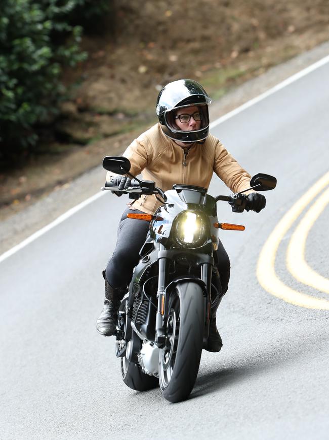 Monique Lisa tests Harley Davidson's new electric motorcyle Livewire at its first public outing in Portland, Oregon for The Australian.