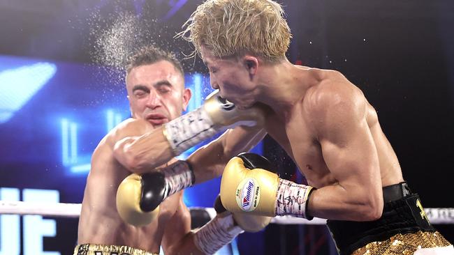 Jason Moloney and Naoya Inoue exchange punches during their bantamweight title bout at MGM Grand. Picture: Getty Images