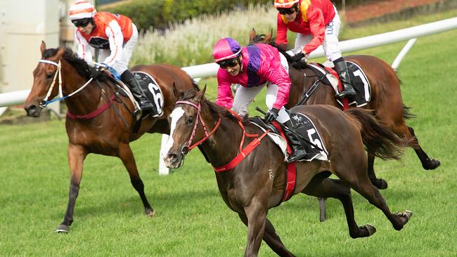 Nigel Seymour rides Better Reflection (centre) to victory in the Calaway Gal Stakes of 2018 at Doomben, Brisbane. (AAP Image/Albert Perez).