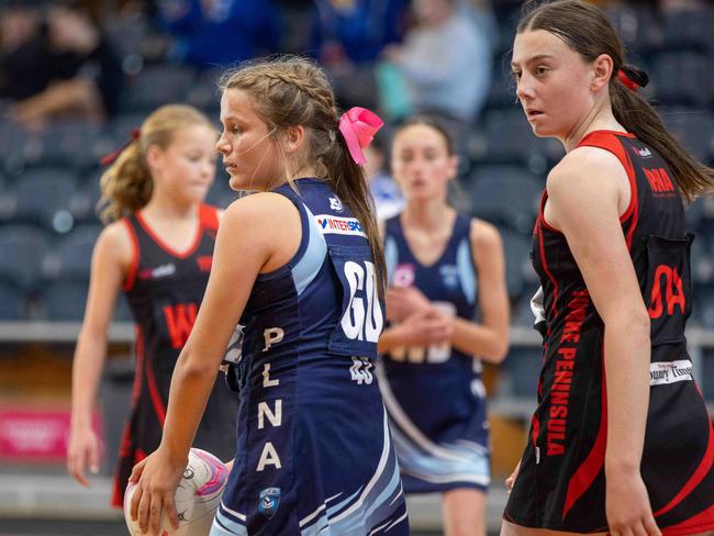 SA COUNTRY NETBALL TITLES LIVE. Adelaide Plains Vs  Mid South East. Netball SA, Keswick SA. Pictured on 11th June 2023. Picture: Ben Clark