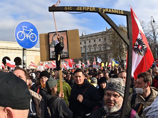 Demonstrators take part in a rally held by Austria's far-right Freedom Party FPOe against the measures taken to curb the coronavirus pandemic in Vienna, Austria. Picture: AFP