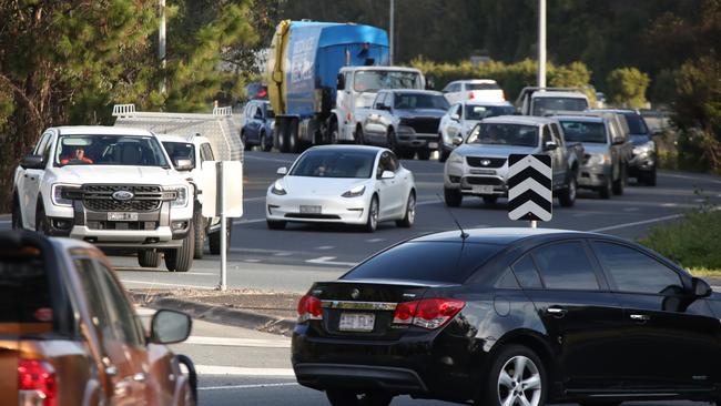 Heavy traffic around the roundabout outside Dreamworld in Coomera. Picture: Glenn Hampson.