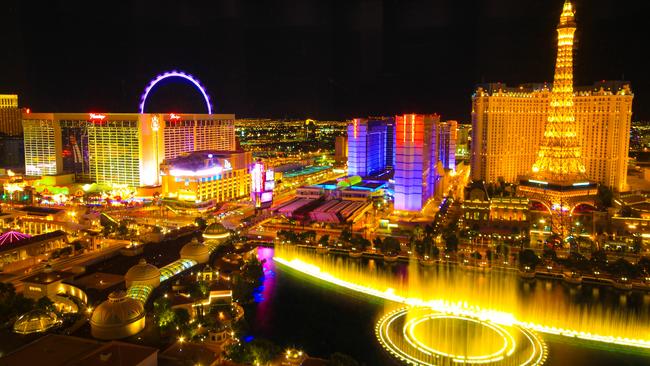 ESCAPE:  Las Vegas, USA - September 4, 2014: Aerial view of Las Vegas Strip resorts and casinos at night. Large dancing fountain of Bellagio is a major attraction on the Las Vegas Strip.  Picture: Istock