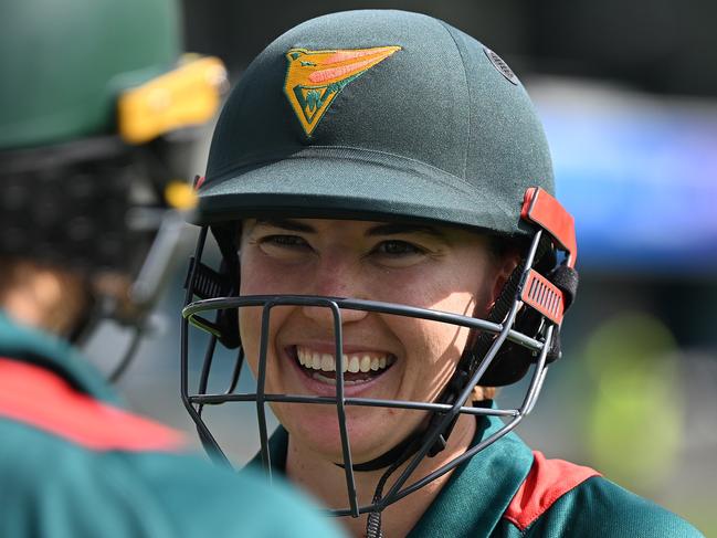 HOBART, AUSTRALIA - FEBRUARY 01: Rachel Trenaman of the Tigers is prior to making a return from long injury layoff during the WNCL match between Tasmania Tigers and ACT Meteors at Blundstone Arena, on February 01, 2025, in Hobart, Australia. (Photo by Steve Bell/Getty Images)