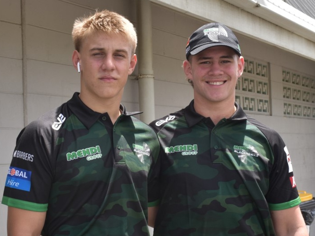 Townsville Blackhawks under-18 players Kaiden Lahrs and Tavita Penaia at the CQ Capras underage teams first games at Browne Park, Rockhampton, on February 25, 2023.