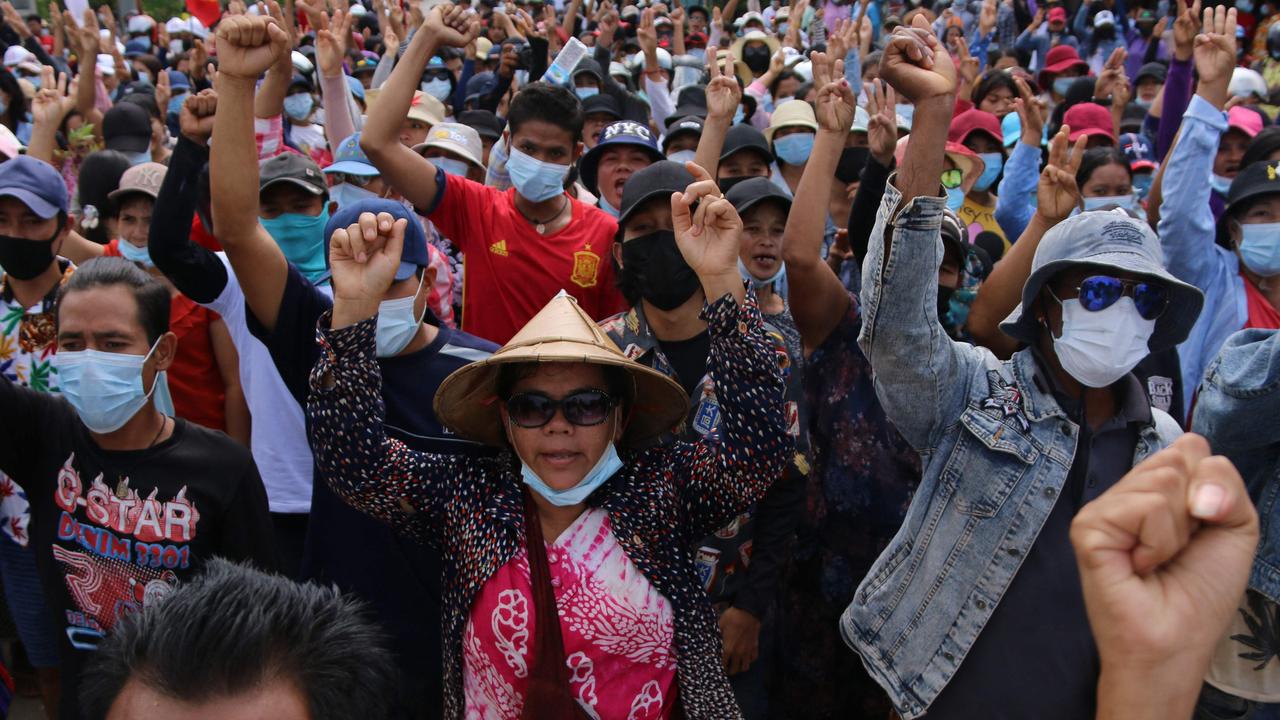 Protesters taking part in a demonstration against the military coup in Dawei’s Launglone township in Myanmar. Picture: Dawei Watch/AFP