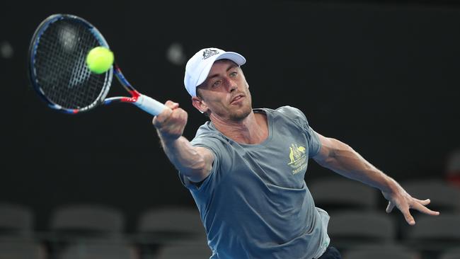 John Millman at training on Pat Rafter Arena today. Picture: Peter Wallis.