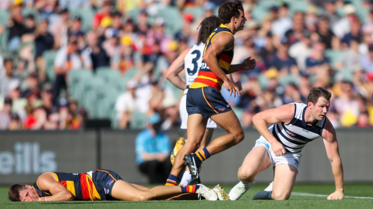 Patrick Dangerfield after a head clash with Jake Kelly.