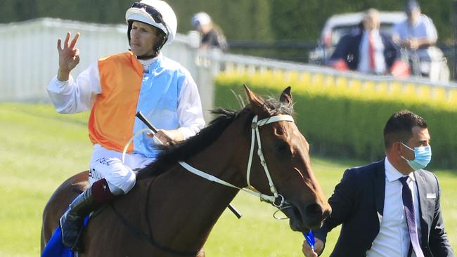 Hugh Bowman rode Montefilia to victory in the Flight Stakes. Picture: Getty Images