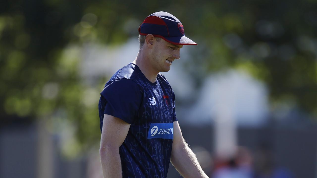 MELBOURNE, AUSTRALIA. February 12, 2024. Melbourne AFL football training at Goschs Paddock. Harrison Petty of the Demons during todays session. Pic: Michael Klein