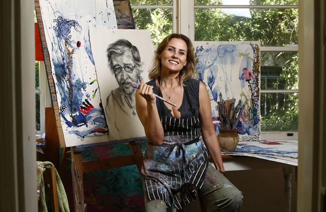 Artist Dee Smart in her studio which has overtaken her Bellevue Hill dinning room. Picture: John Appleyard