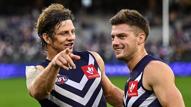 Nat Fyfe and Ethan Hughes. Photo by Daniel Carson/AFL Photos via Getty Images