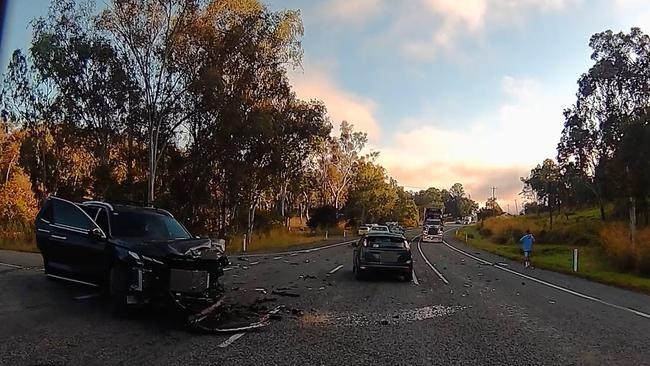 The Bruce Highway was shut in both directions near Alligator Creek south of Mackay after a ute and car crash. Picture: Contributed