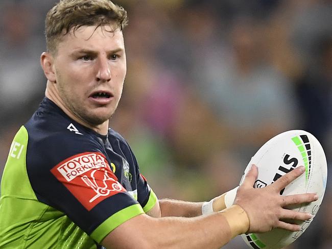 TOWNSVILLE, AUSTRALIA - APRIL 24:  George Williams of the Raiders runs the ball during the round seven NRL match between the North Queensland Cowboys and the Canberra Raiders at QCB Stadium, on April 24, 2021, in Townsville, Australia. (Photo by Ian Hitchcock/Getty Images)