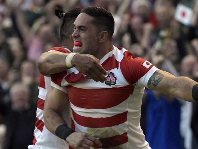 Karne Hesketh celebrates after scoring the match-winning try.