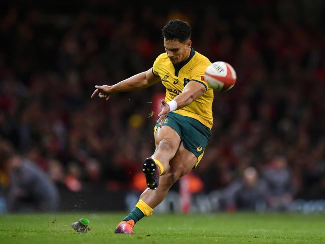 Aussie kicker Matt To’omua boots a penalty during the friendly. Picture: Getty Images