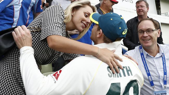 Steve Smith is congratulated by his wife Dani after scoring 144 runs. Picture: Getty Images.