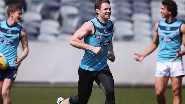 GEELONG, AUSTRALIA - SEPTEMBER 20: Patrick Dangerfield of the Cats reacts while running during the Geelong Cats AFL training session at Simonds Stadium on September 20, 2017 in Geelong, Australia. (Photo by Michael Dodge/Getty Images)