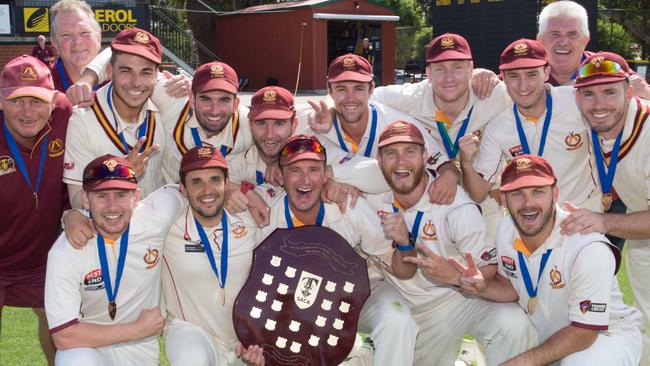 RUNNING OF THE BULLS: Tea Tree Gully celebrates its third SACA Premier Cricket two-day premiership after beating Sturt yesterday. Picture: Simon Stanbury.