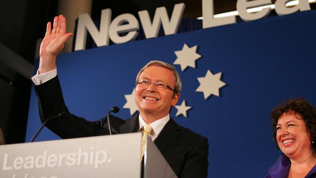 Labor Leader Kevin Rudd with wife Therese in Brisbane as they celebrate victory in winning government in the 2007 federal election.