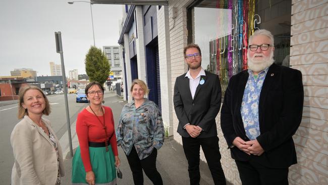 ELECTION TIME: Greens candidates for the 2022 Hobart City Council elections Gemma Kitsos, Helen Burnet, Bec Taylor, Nathan Volf, and Bill Harvey. Picture: Kenji Sato