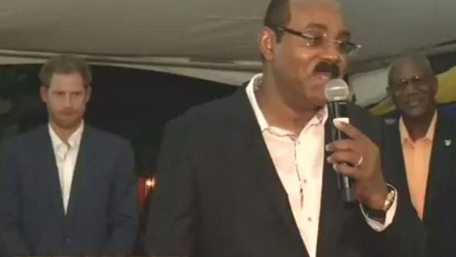 Prince Harry would rather be anywhere else during this excruciating shout-out at an event hosted by the PM of Antigua.