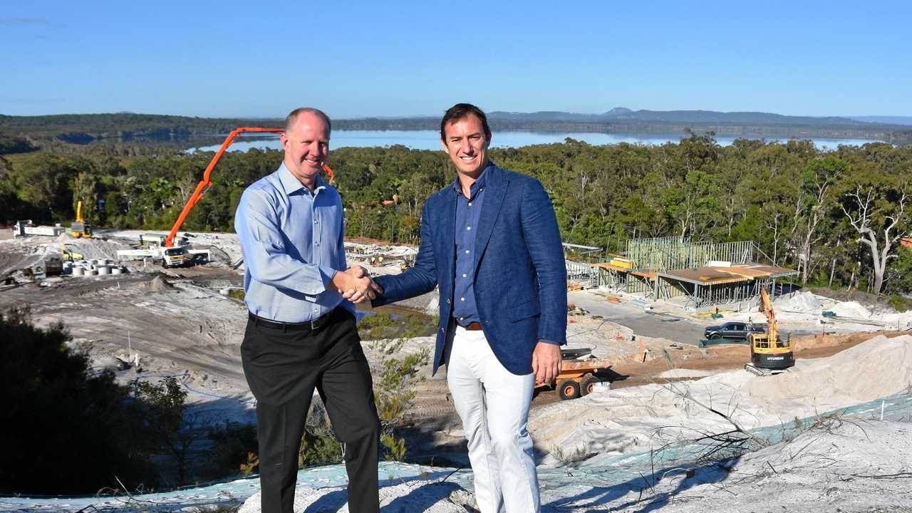 Hutchinson Builders' Michael Michell and Altum's Alex Rigby at Parkridge Noosa where 60 apartments will soon be constructed as part of the stage 1 development. Picture: Caitlin Zerafa