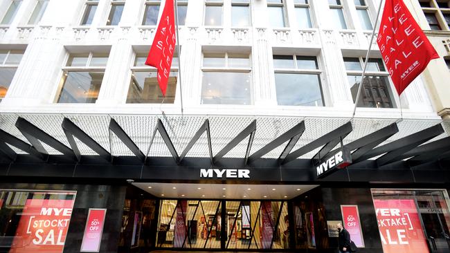 The Myer department store in the Bourke Street Mall in central Melbourne is at the centre of a dispute over unpaid rent between the retailer and landlord Vicinity Centres. Picture: NCA NewsWire / Andrew Henshaw