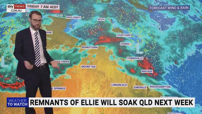 Heavy rain is on the way to Queensland next week as ex-tropical cyclone Ellie moves across from WA, but at this stage the rain band is predicted to miss Brisbane. Picture: Sky News Weather