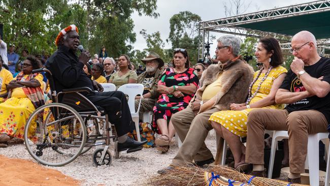 Dr Galarrwuy Yunupingu gives his speech to Minister Ken Wyatt at the 2019 opening ceremony of the Garma Festival in Arnhem Land, NT. Picture: Teagan Glenane